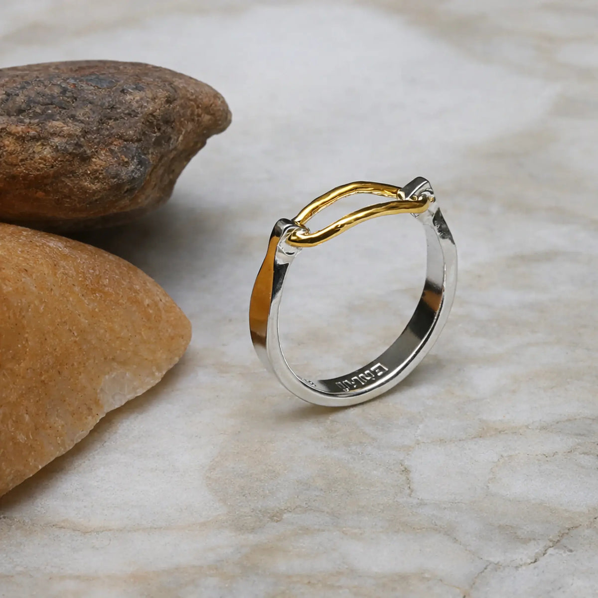 Silver band ring with 14K gold wire bridge