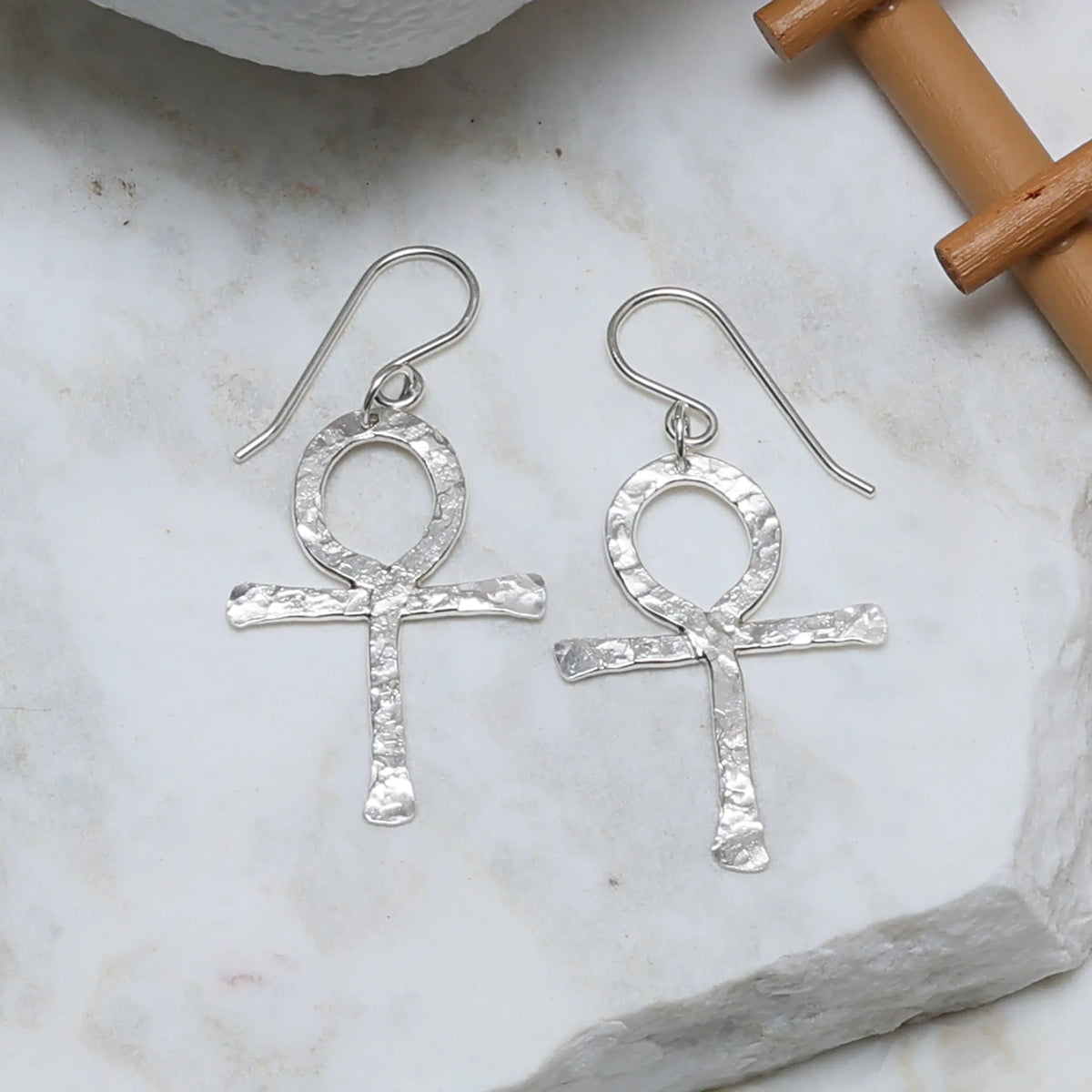 Anima Hammered Sterling Silver Ankh Earrings