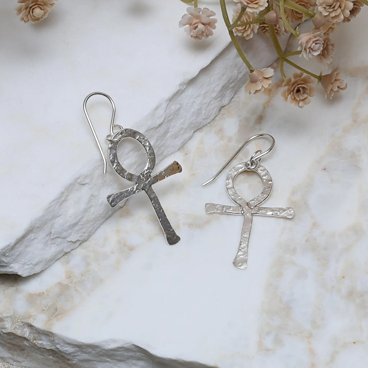 Anima Hammered Sterling Silver Ankh Earrings