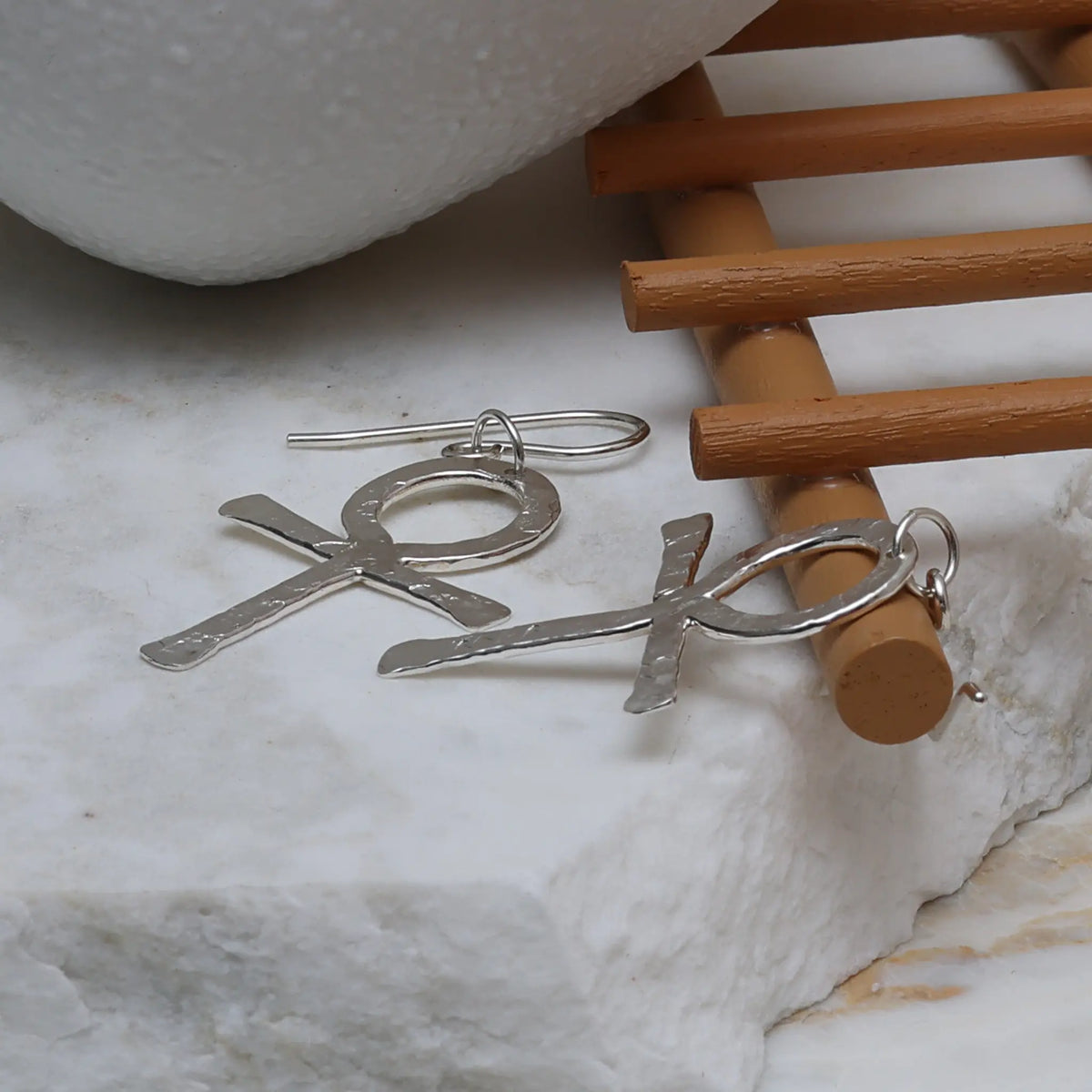 Anima Hammered Sterling Silver Ankh Earrings