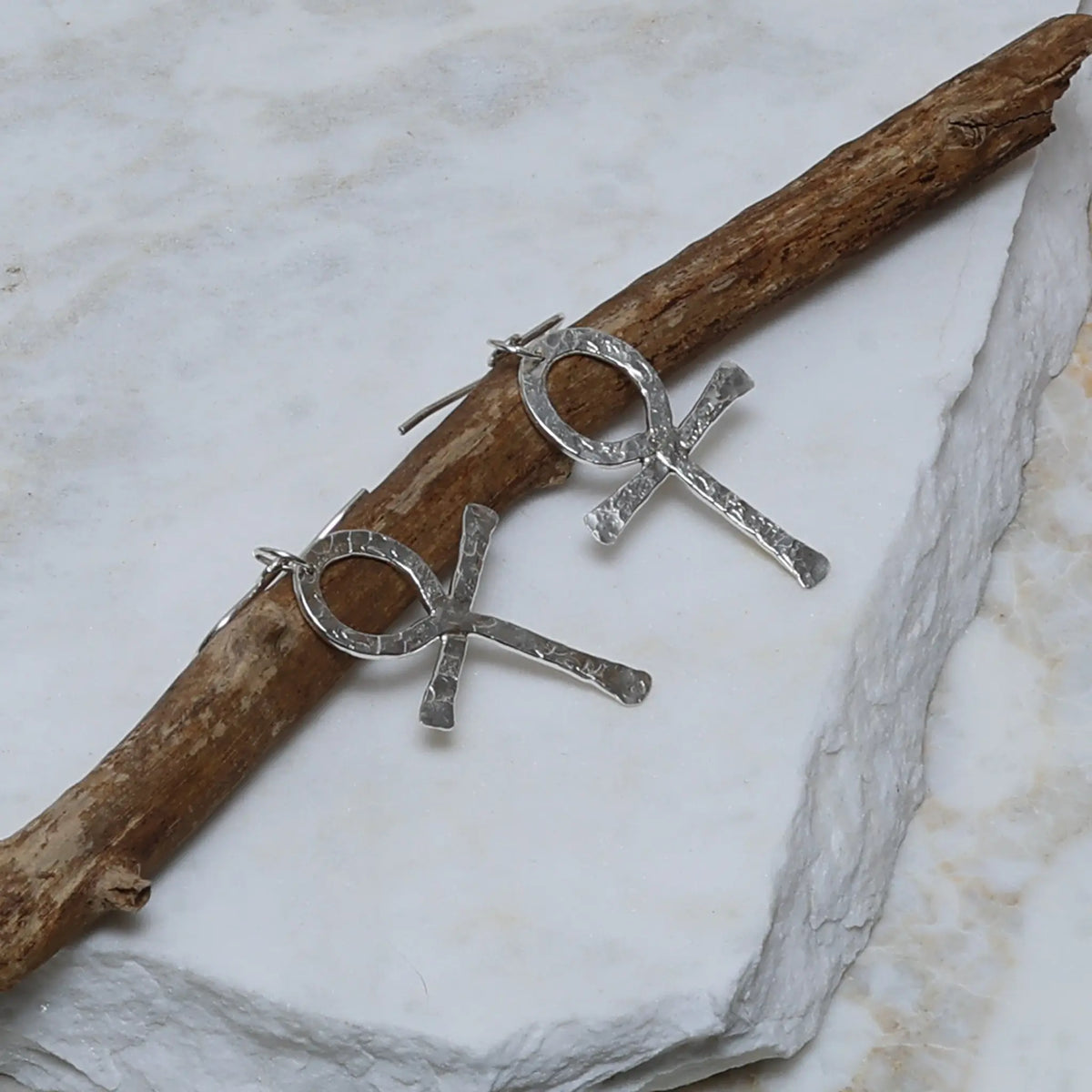 Anima Hammered Sterling Silver Ankh Earrings