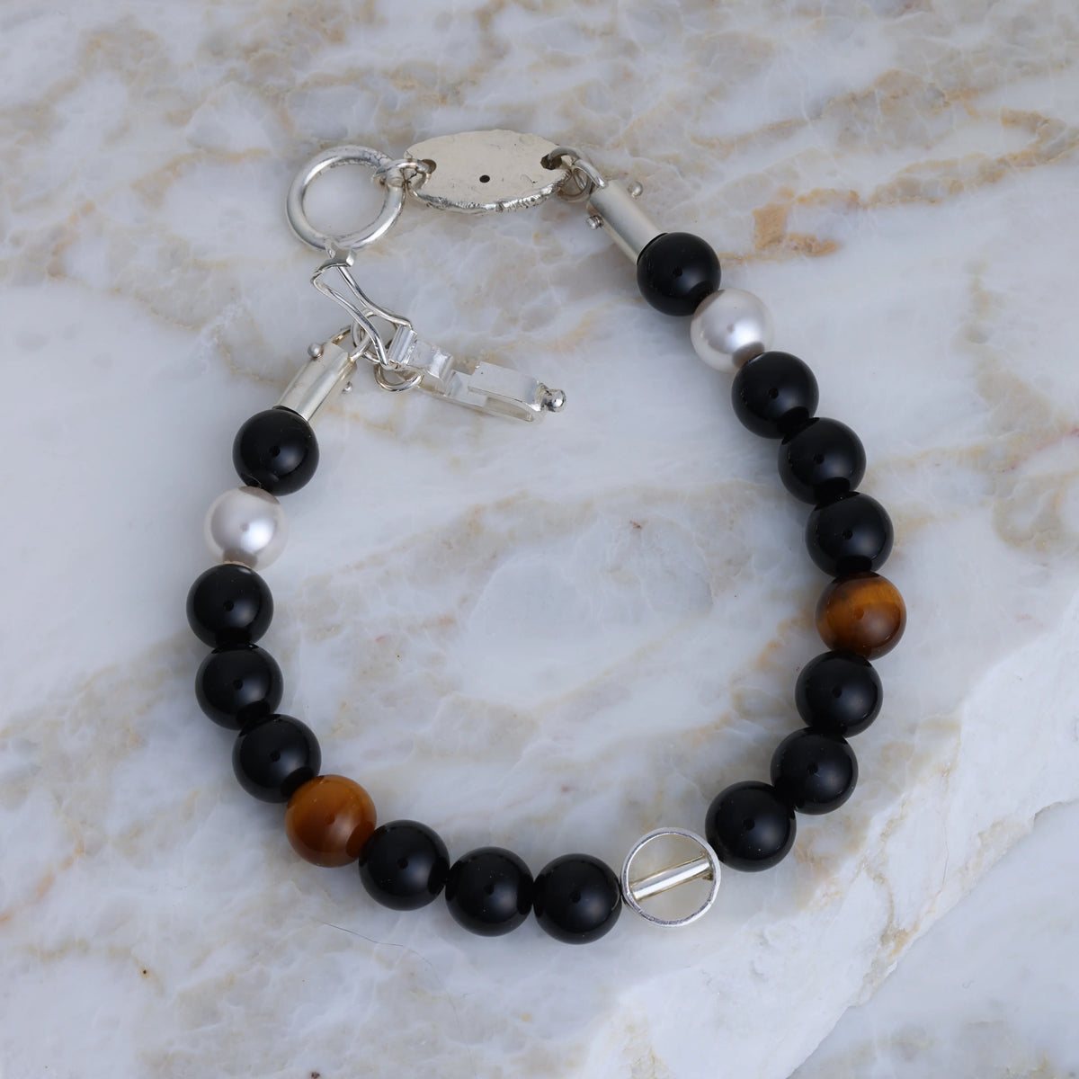 Meridian Black Onyx and Tiger’s Eye Bracelet in Sterling Silver